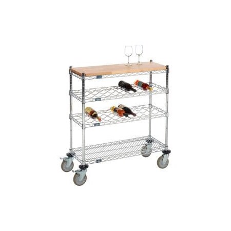 Global Equipment Mobile Wine Display Unit, 4 Tier, Chrome, Wood Top, 14"W, x 48"L, x 34"H CW14483WS2